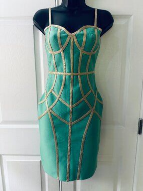 NWT The Sang Mint Green Metallic Gold Strappy Bandage Dress